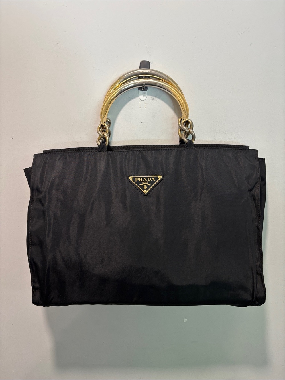 Prada Black Nylon Tote with Gold-Tone Double Ring Handles designer chic - Picture 2 of 16